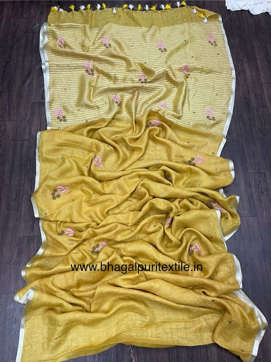 Haldi Linen Embroidery Saree