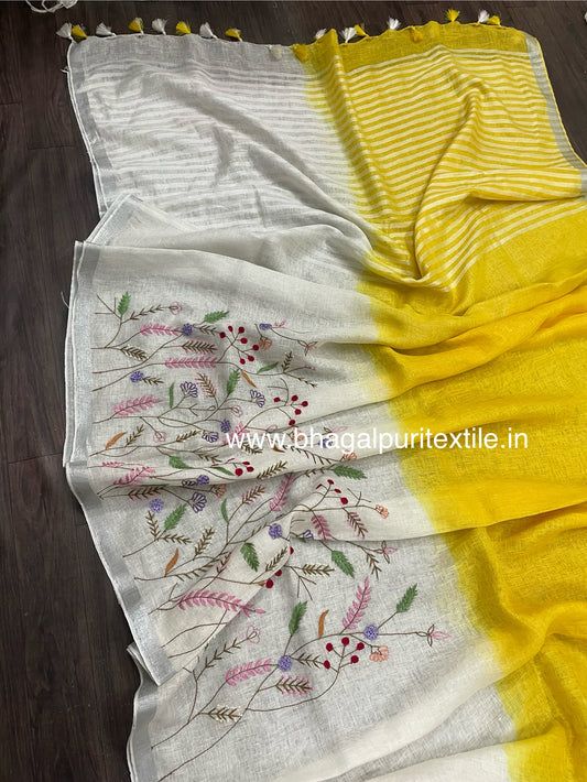 Sunlit Blossoms Linen White And Yellow Dual Color Hand Embroidered Saree