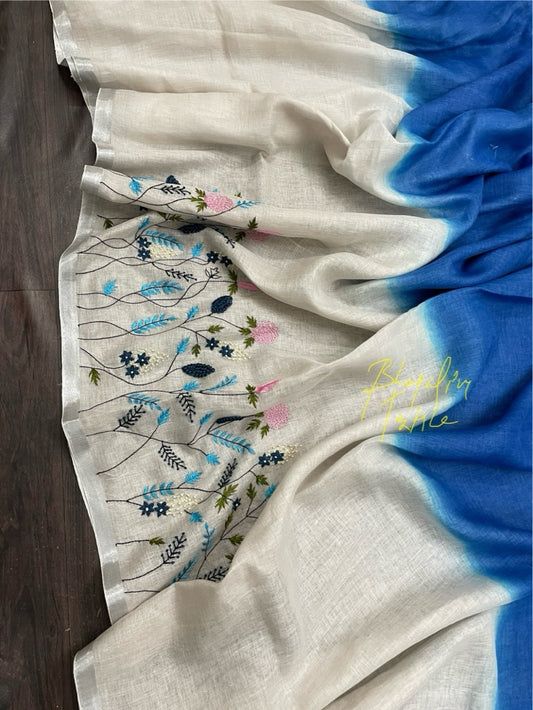 Linen White & Blue Dual Shade Fench knot Hand embroidered Saree