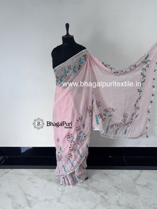 Rose Petal Hand Embroidered Linen Saree