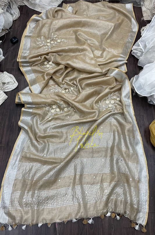 Tissue Linen Hand Embroidered Saree