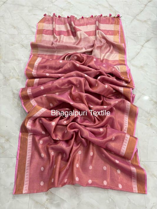 Polka Dot Linen Tissue Saree With Temple Border
