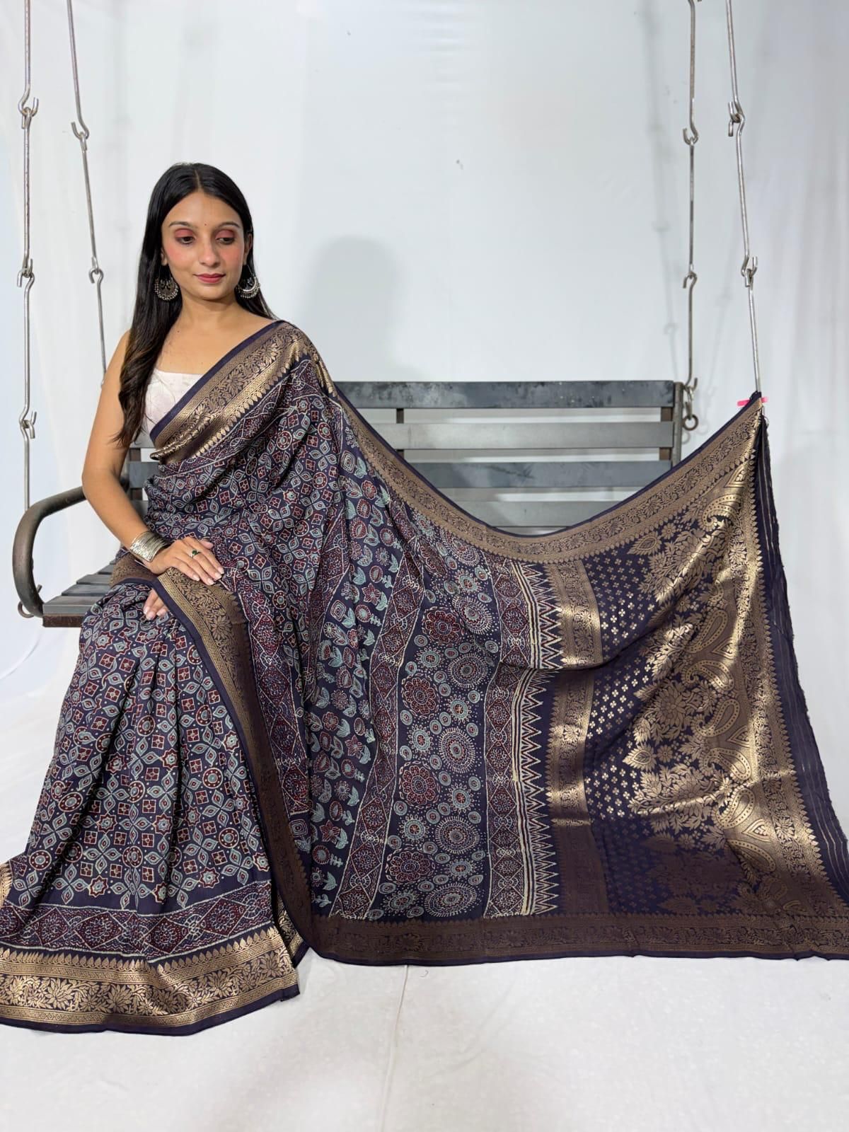 Navy blue Traditional modal silk saree rich gold zari border