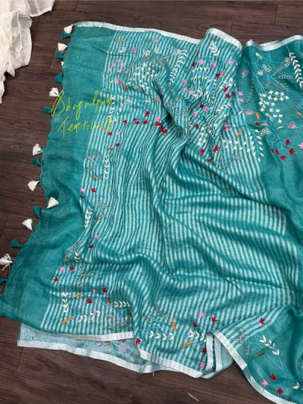 Fountain Blue Linen Hand Embroidered Saree & Blouse (Search Code-1013)