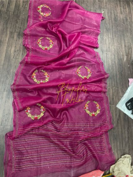 Organza Fenchknot Hand Embroidered Saree(Search Code-10138)