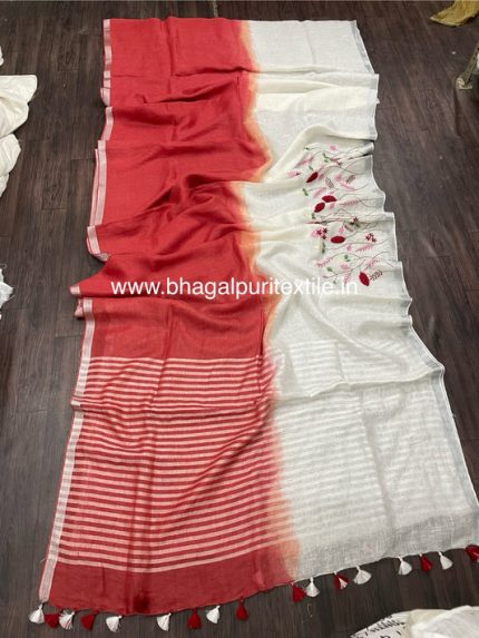 Twilight Elegance Red & White Dual Tone  Hand Embroidered Linen Saree. (Search Code-1033)