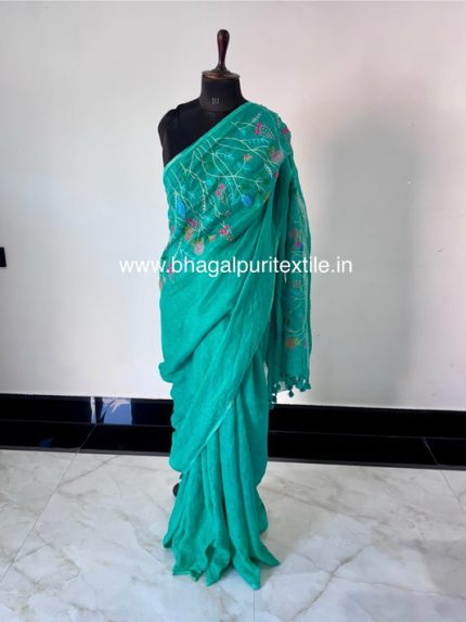Meher-e-Zamin Linen Hand Embroidery Saree with Running Blouse 1 m (Seach code-1081)