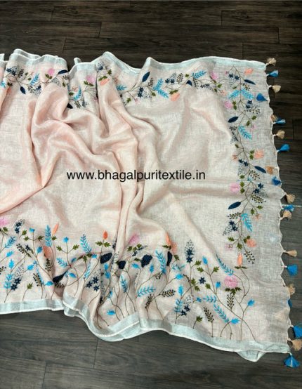 Rose Blush Elegance Linen Hand Embroidered Saree