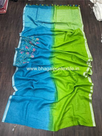 Green and Pacific Blue Dual Tone Saree Linen Hand Embroidered Saree (Search Code-1029)
