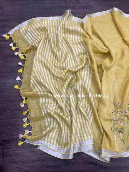Linen Hand Embroidered Saree Yellow (Search Code-1026)