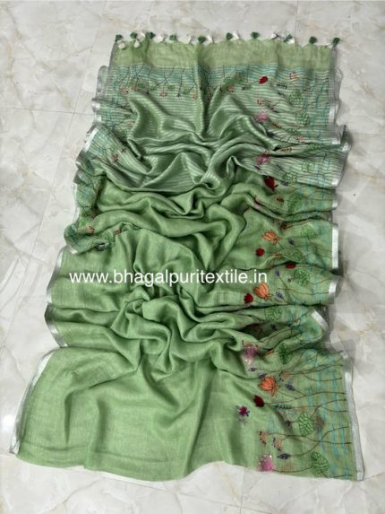 Pista Green Linen Hand Embroidered 4M Work Saree (Search Code-1052)