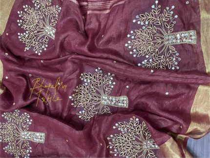 Pure Linen Hand Cutwork Tree Embroidered Saree(Search Code-10135)