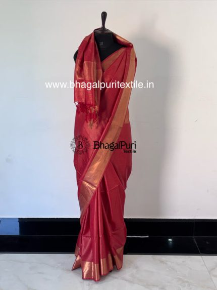 Raktika Red Velvet Tussar Tussar Saree With Running Blouse 1 m (Search Code-1039)
