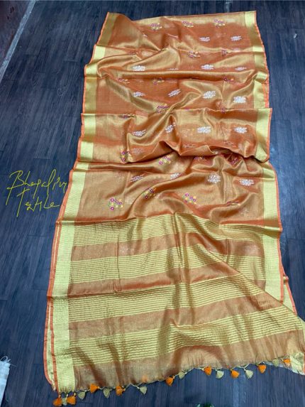 Tissue Linen Digital Embroidered Saree (Search Code - 10104)