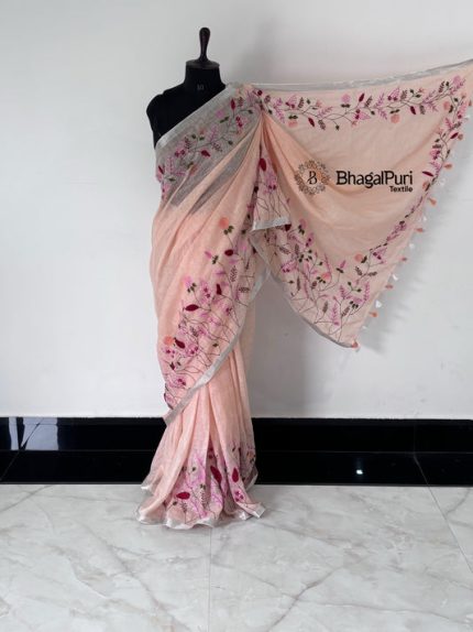Rang-e-Gulaab Linen Hand Embroidered Saree Full 4.5m Work With Running Blouse 1m (Search code-1083)