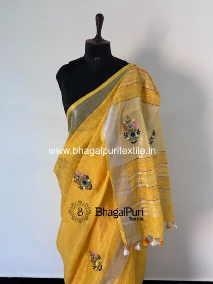 Linen Haldi Hand Embroidered Saree(Search Code-10132)