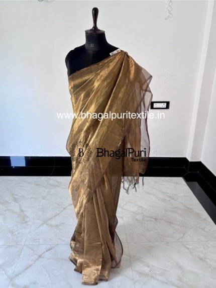 DuskyDrapes Pure Tissue silk saree in dark coffee with running blouse 1 m (Search code-1084)