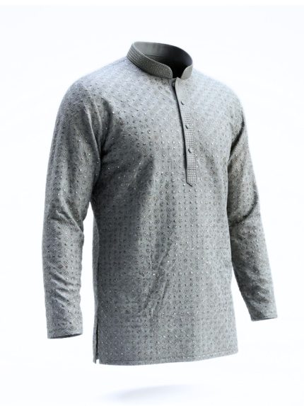 Classic Grey Cotton Chickenkari Kurta for Men