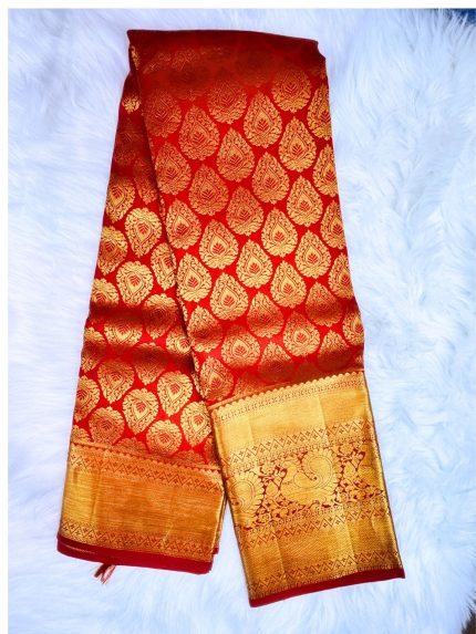 Royal Red Kanchipuram Silk Saree with Golden Zari Peacock Border (Search Code-111007)