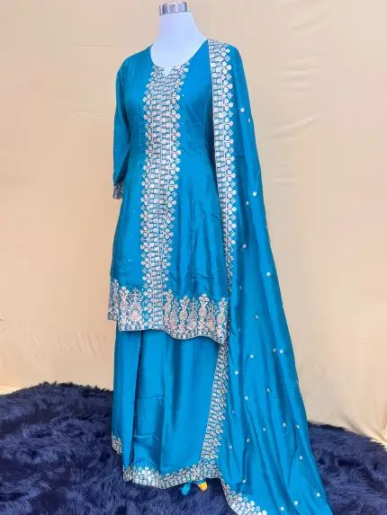 Peacock Blue Silk Embroidered Short Anarkali Suit Set with Dupatta