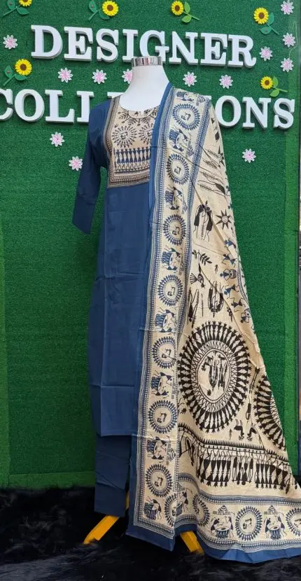 Indigo Blue Warli Art Cotton Suit Set with Printed Dupatta