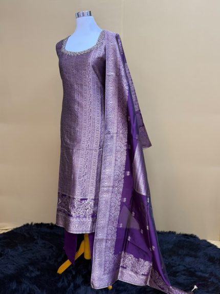 Lilac Purple Woven Banarasi Silk Suit Set with Embellished Neckline
