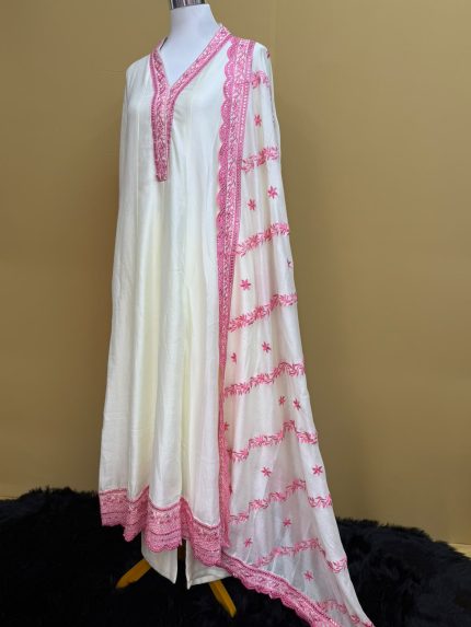 Off-White & Pink Chikankari Embroidered Anarkali Suit Set