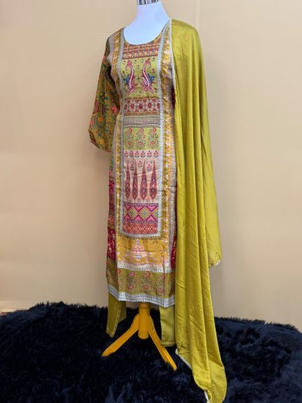 Olive Lime Paisley Digital Print Cotton Suit Set with Dupatta