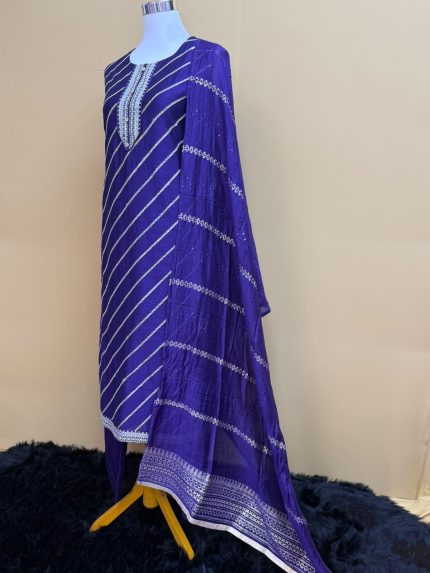 Royal Indigo Leheriya Printed Silk Suit Set with Sequined Dupatta
