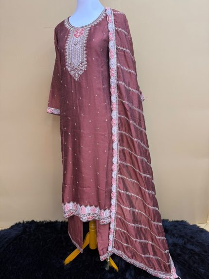 Muted Rosewood Silk Embroidered Suit Set with Scalloped Pink Dupatta