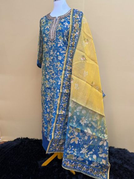 Ocean Blue Floral Printed Chanderi Silk Suit Set with Sunshine Yellow Dupatta