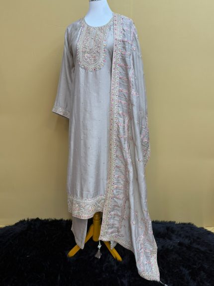 Silver Grey Chanderi Silk Embroidered Suit Set with Scalloped Dupatta