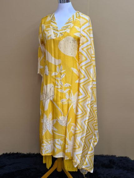 Sunshine Yellow Floral Printed Silk Suit Set with Chevron Dupatta