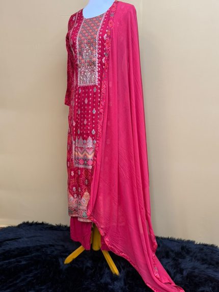 Rani Pink Bandhani Print Silk Suit Set with Mirror Embroidered Yoke