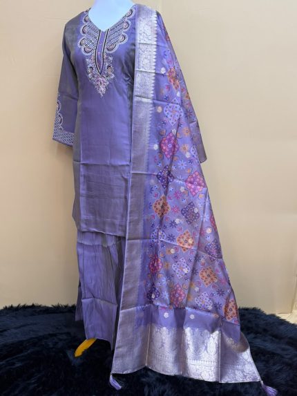 Dusty Lilac Silk Embroidered Kurta Set with Banarasi Printed Dupatta