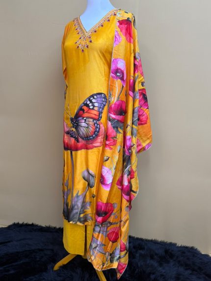 Mustard Yellow Butterfly & Poppy Hand-Painted Pure Silk Suit Set