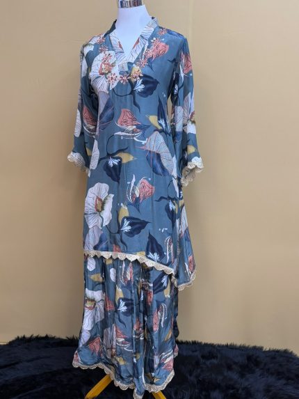 Teal Blue Floral Printed Sharara Suit with Asymmetric Hem